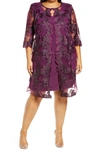 Alex Evenings Embroidered Lace Mock Jacket Cocktail Dress In Plum