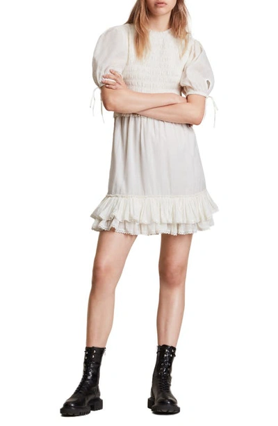 Allsaints Jaya Smocked Ruffle Minidress In Chalk White