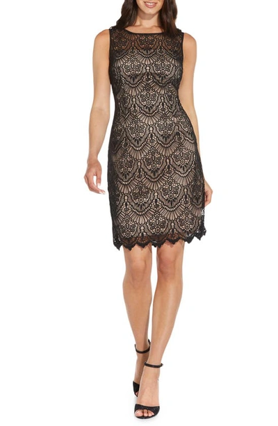 Adrianna Papell Scalloped Guipure Lace Sheath Dress In Black/ Bisque