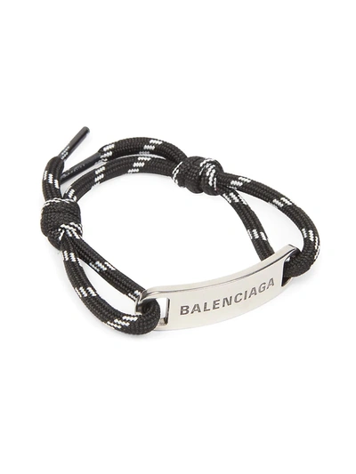 Balenciaga Logo-plaque Woven Cord Bracelet In Black/white/silver