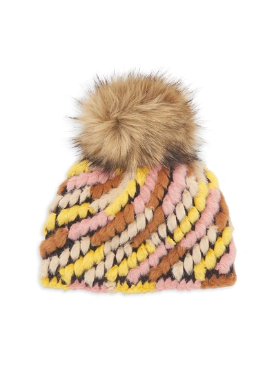 Jocelyn Diagonal Faux Fur Pineapple Hat With Faux Fur Pom In Brown Multi