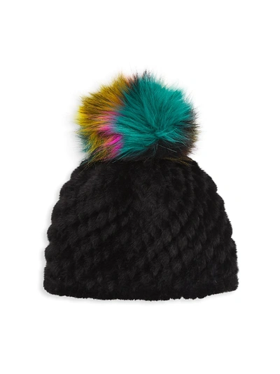 Jocelyn Solid Faux Fur Pineapple Hat With Faux Fur Pom In Black Multi