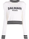 Balmain Logo-intarsia Cropped Jumper In Weiss
