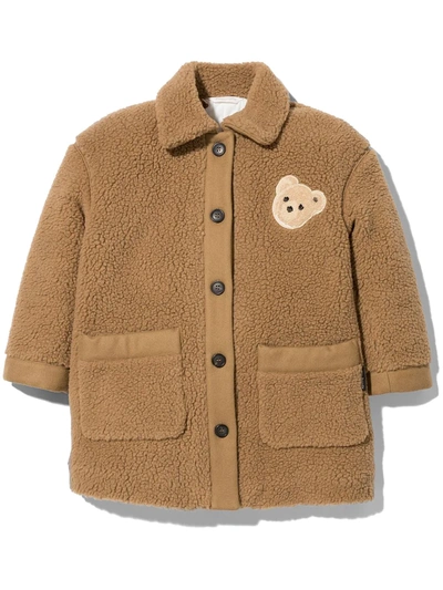 Palm Angels Teddy Puffer Coat W/ Bear Patch In Beige