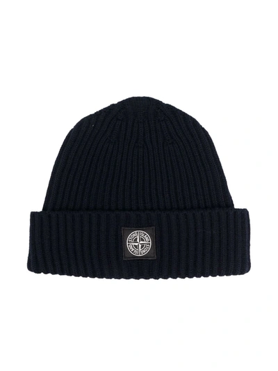 Stone Island Junior Kids' Logo Patch Beanie In Blue