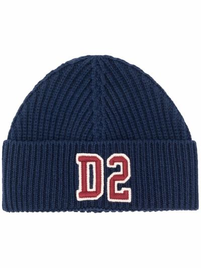 Dsquared2 Kids' Ribbed-knit Logo-patch Beanie In Blue