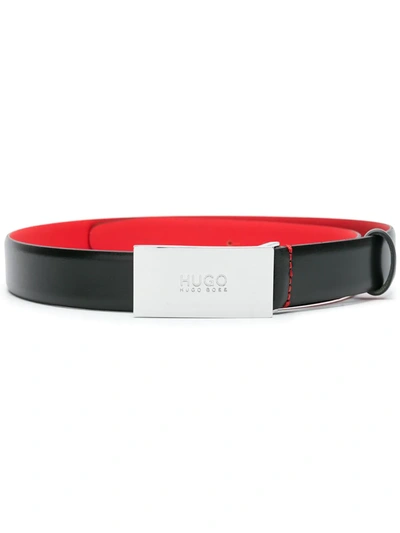 Hugo Logo Buckle Two-tone Belt In Schwarz