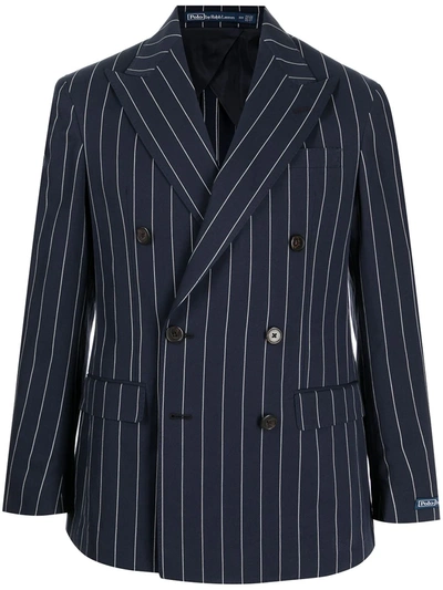 Polo Ralph Lauren Pinstriped Double-breasted Relaxed-fit Cotton And Linen-blend Blazer In Navy
