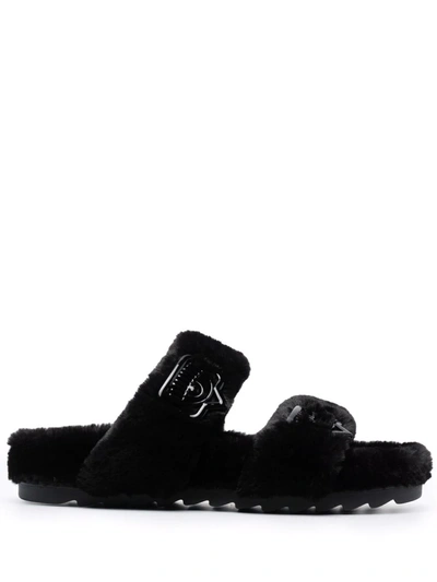 Chiara Ferragni Eye-motif Faux-fur Open-toe Slides In Black
