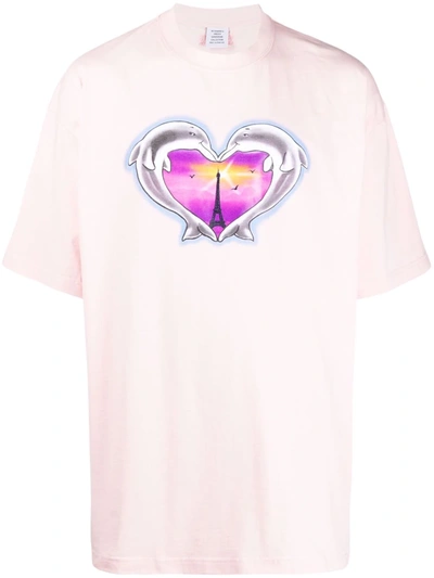 Vetements Dolphins Print T-shirt Heart Logo In Pink,light Blue,grey