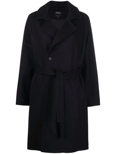 Apc Bakerstreet Belted Coat In Blue