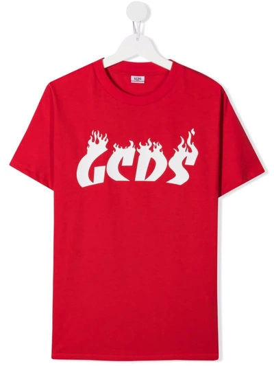 Gcds Teen Fire Logo Cotton T-shirt In Red