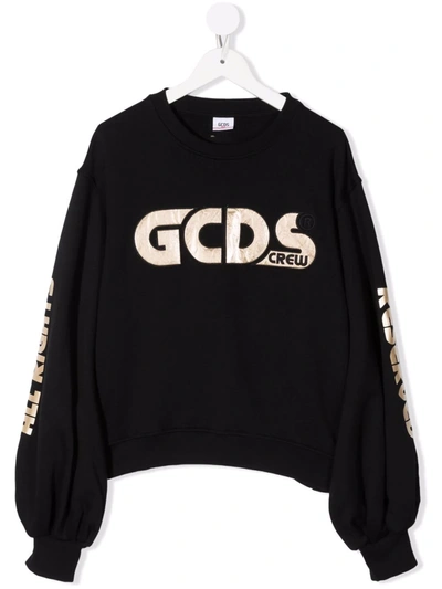 Gcds Teen Logo-embroidered Cotton Sweatshirt In Black