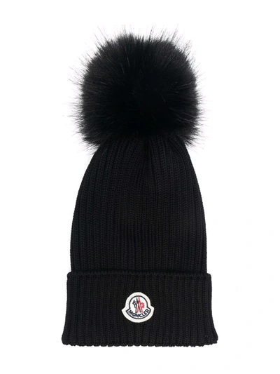 Moncler Girls Black Kids Logo-embroidered Ribbed Wool-blend Beanie 2-14 Years S