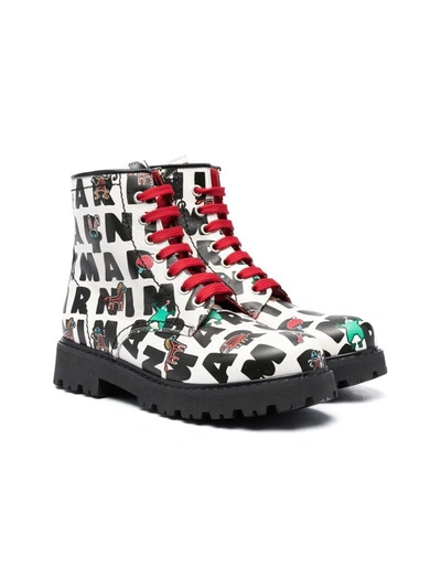 Marni Kids' Logo-print Leather Lace-up Boots In Black