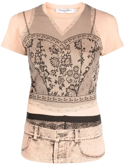 Pre-owned Dior 2006 Trompe L'oeil Lace T-shirt In Neutrals