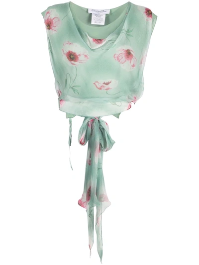 Pre-owned Dior 2003  Floral-print Side-slit Silk Blouse In Green