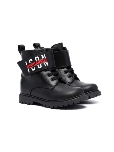 Dsquared2 Kids' Logo-strap Lace-up Ankle Boots In Black