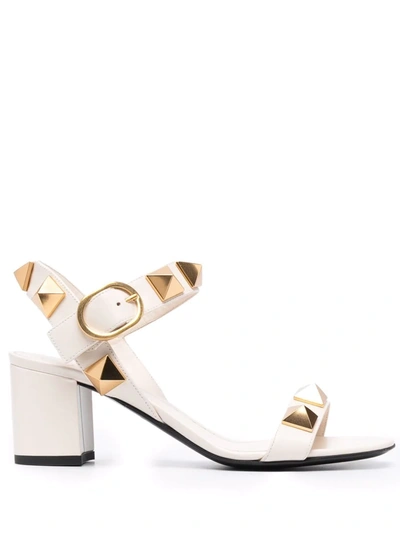 Valentino Garavani Roman Stud Block-heel Leather Sandals In Light Ivory