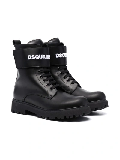 Dsquared2 Teen Logo Print Combat Boots In Black
