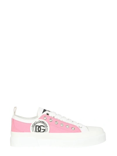 Dolce & Gabbana Two-tone Canvas Portofino Light Sneakers With Dg Logo In Pink