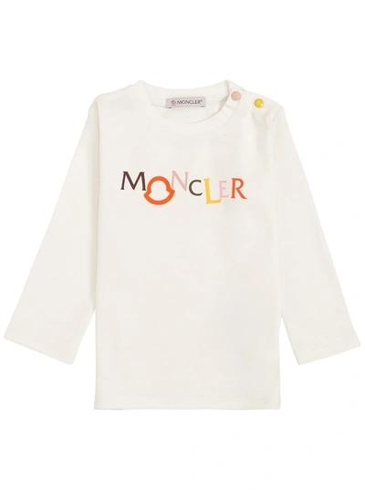 Moncler Babies' Long-sleeved Cotton T-shirt With Logo Print In White