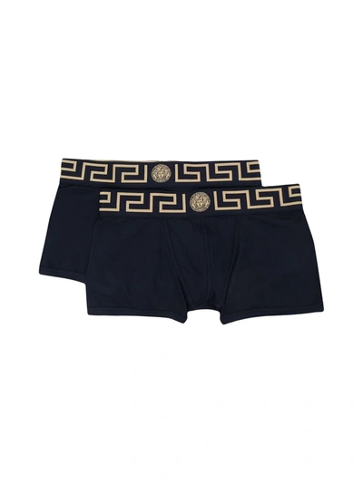 Versace Bi-pack Boxer Shorts W/baroque Printing On Elastic Waist In G Black Gold
