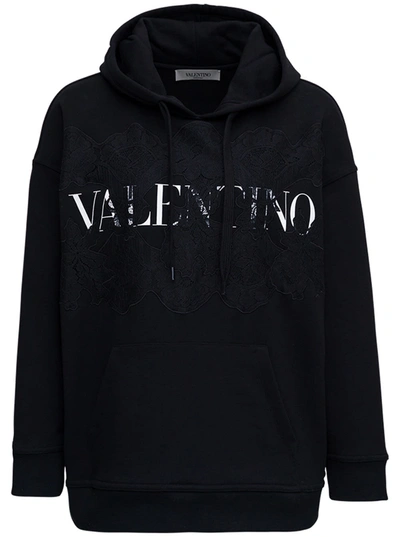 Valentino Black Jersey And Lace Hoodie With Logo Print In White/black