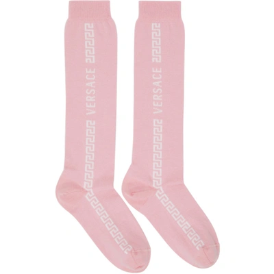 Versace Pink & White Greca Knee-high Socks In 2p100 Pink White