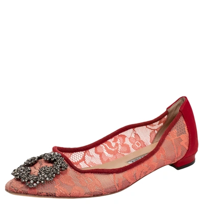 Pre-owned Manolo Blahnik Red Lace And Satin Hangisi Ballet Flats Size 36