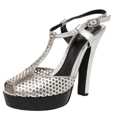 Pre-owned Fendi Metallic Silver Laser-cut Leather T-strap Peep Toe Platform Sandals Size 38.5