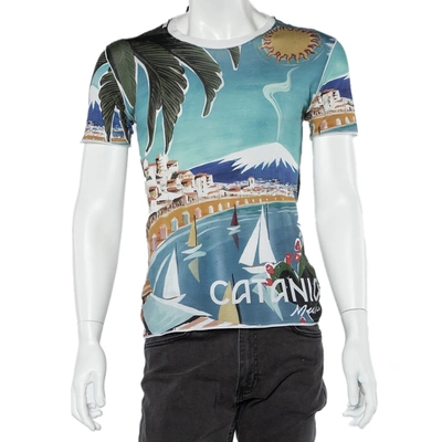 Pre-owned Dolce & Gabbana Blue Catania Tropical Ringer Printed Cotton T-shirt Xs