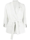 Brunello Cucinelli Belted Pinstriped Cotton And Linen-blend Blazer In White