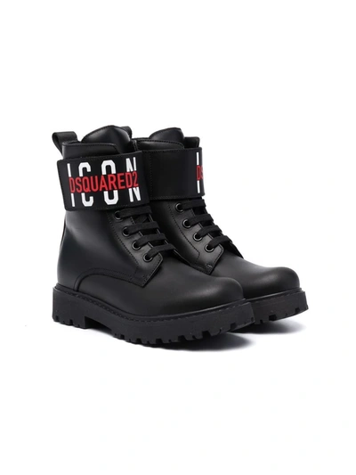 Dsquared2 Kids' Icon Print Leather Combat Boots In Black