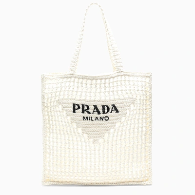 Prada White Logoed Crochet Tote Bag