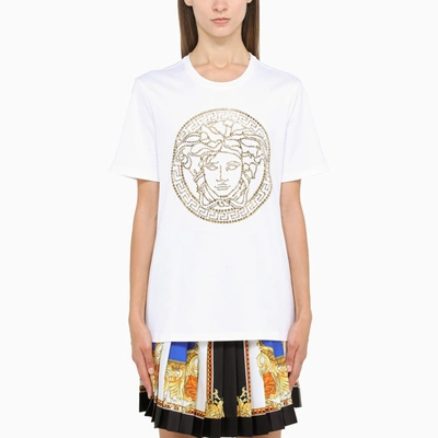 Versace Medusa Embroidery Cotton Jersey T-shirt In White,gold