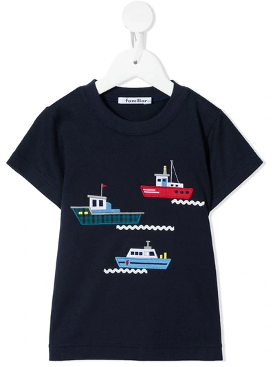 Familiar Kids' Boat-embroidered Cotton T-shirt In Blue