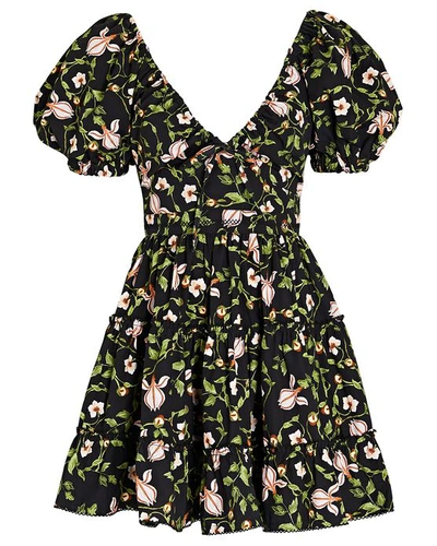 Agua By Agua Bendita Manzanilla Floral-print Tiered Cotton-poplin Mini Dress In Black