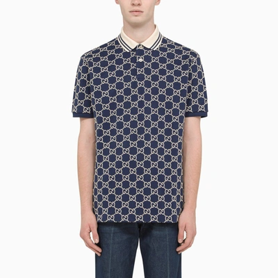 Gucci Stretch Gg Dark Blue And Ivory Polo T-shirt In ["blue"/ "white"]