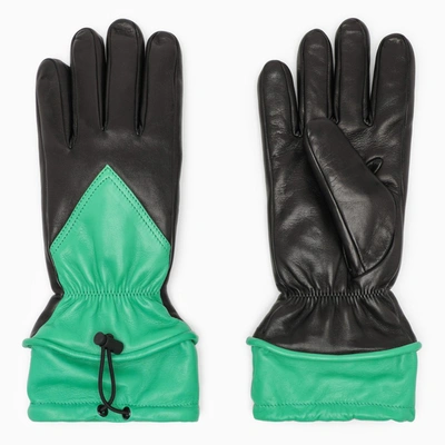 Bottega Veneta Black/green Leather Gloves With Drawstring In ["black"/ "green"]