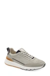 Brunello Cucinelli Washed Suede And Striped Calfskin Runners In Grey
