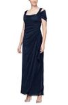 Alex Evenings Cold-shoulder Draped Metallic Gown Regular & Petite Sizes In Dark Navy