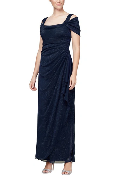 ALEX EVENINGS COLD SHOULDER RUFFLE GLITTER CHIFFON GOWN,233026