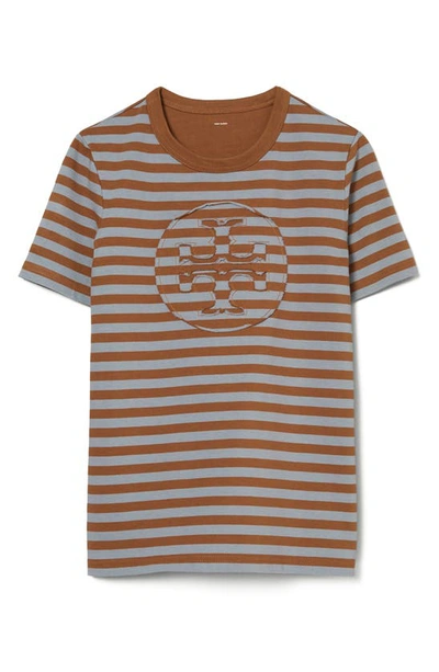 Tory Burch Stripe Cotton Jersey Logo T-shirt In Brown Stripe Logo
