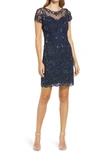 Pisarro Nights Illusion Beaded Cocktail Dress In Navy
