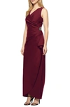Alex Evenings Draped Embellished Compression Column Gown In Wine