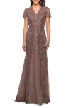 La Femme Beaded Lace A-line Gown In Cocoa