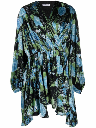 Balenciaga Peonies Print Viscose Satin Mini Dress In Синий,чёрный