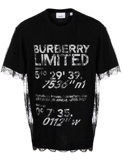 Burberry Cotton T-shirt With Contrasting Logo Print And Lace Inserts In Black