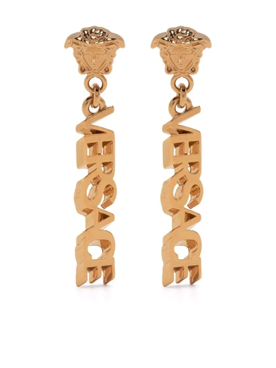 Versace La Medusa Logo Drop Earrings In Gold